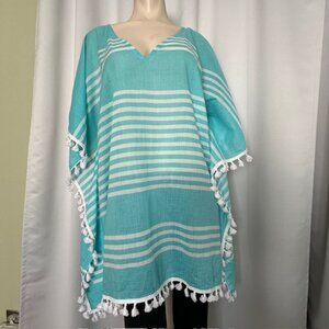 Debbie Katz South Beach Teal White Striped Dari Kaftan Cover Up Pom Poms Size XL